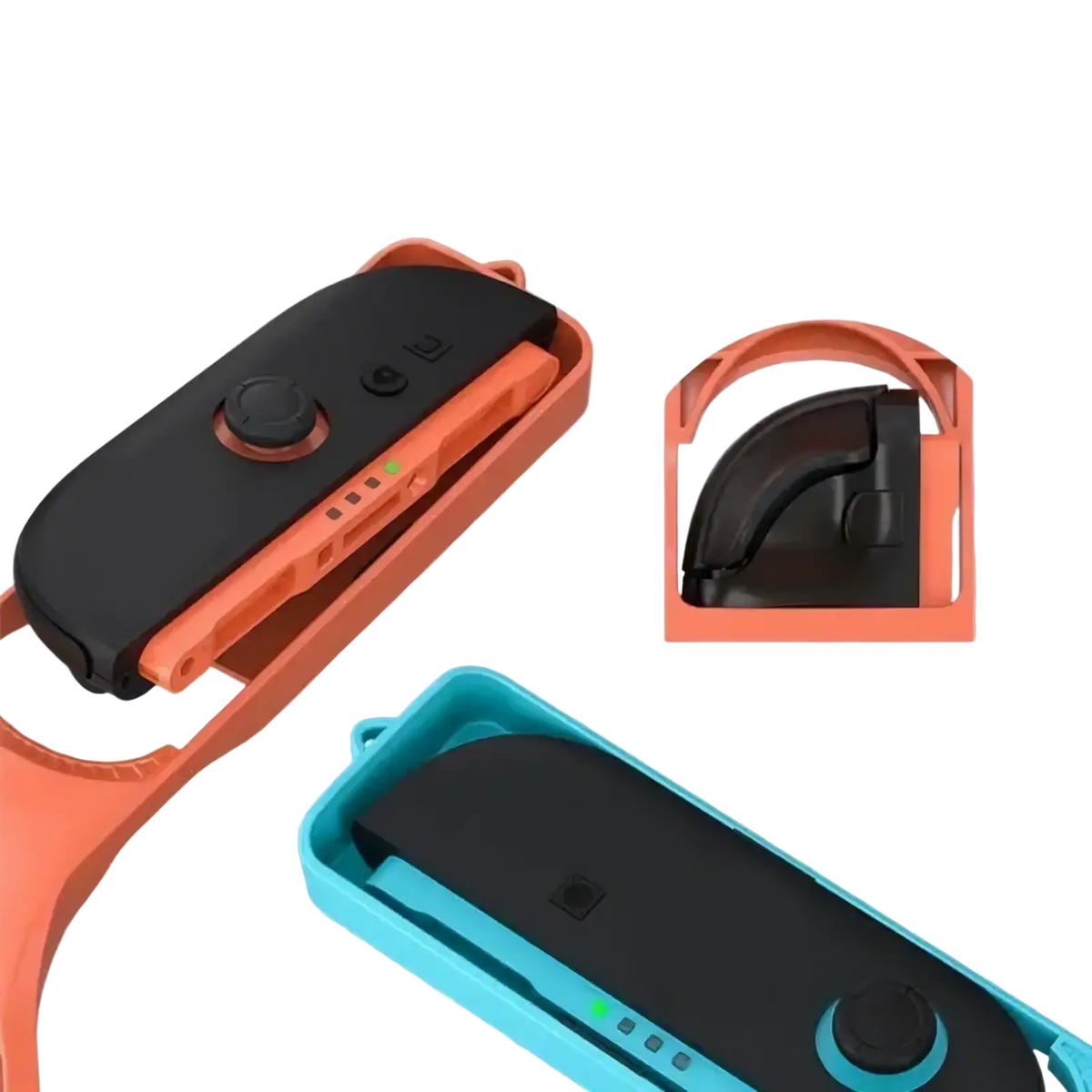 Nintendo Switch 2 sports accessory bundle with orange and teal plastic joy-con grip holders and black controller inserts