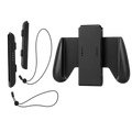 Black plastic nintendo switch grip holder and charging dock set with matching wrist straps for secure gameplay