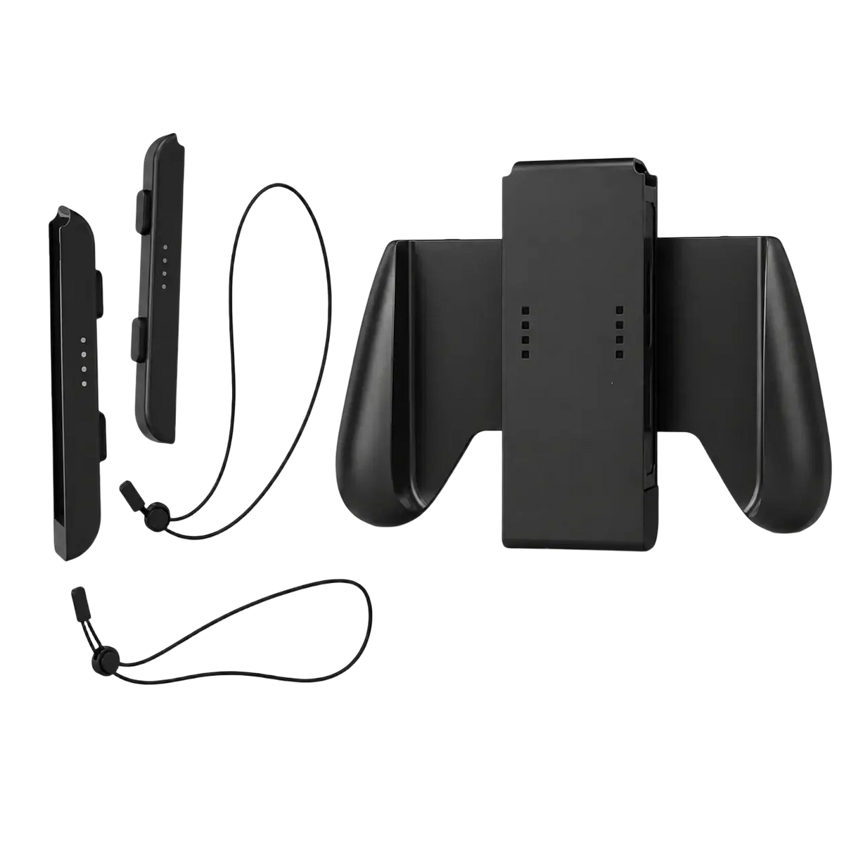 Black plastic nintendo switch grip holder and charging dock set with matching wrist straps for secure gameplay