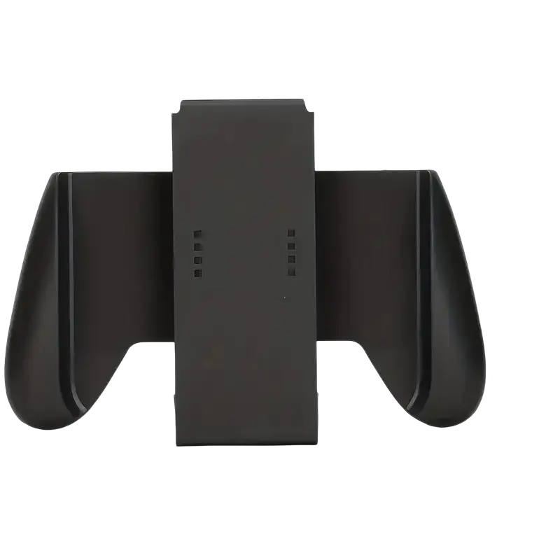 Black plastic nintendo switch grip holder with ergonomic curved handles and central charging slot for comfortable gaming