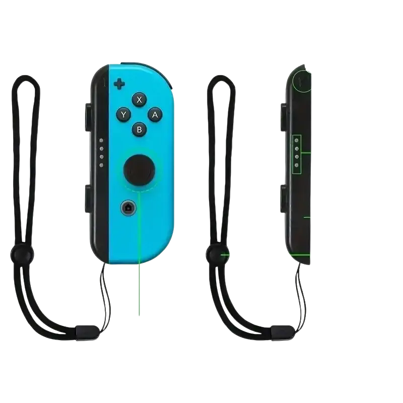 Bright blue Nintendo Switch joy-con with black accents and wrist strap in grip holder and wrist strap kit