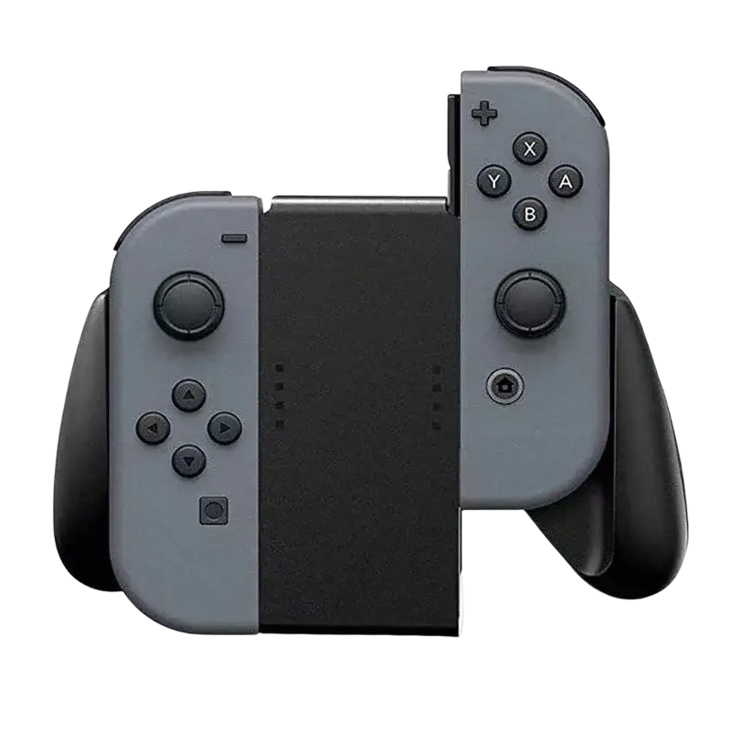 Gray Nintendo Switch joy-con controllers with black grips and buttons attached to a black grip holder console base