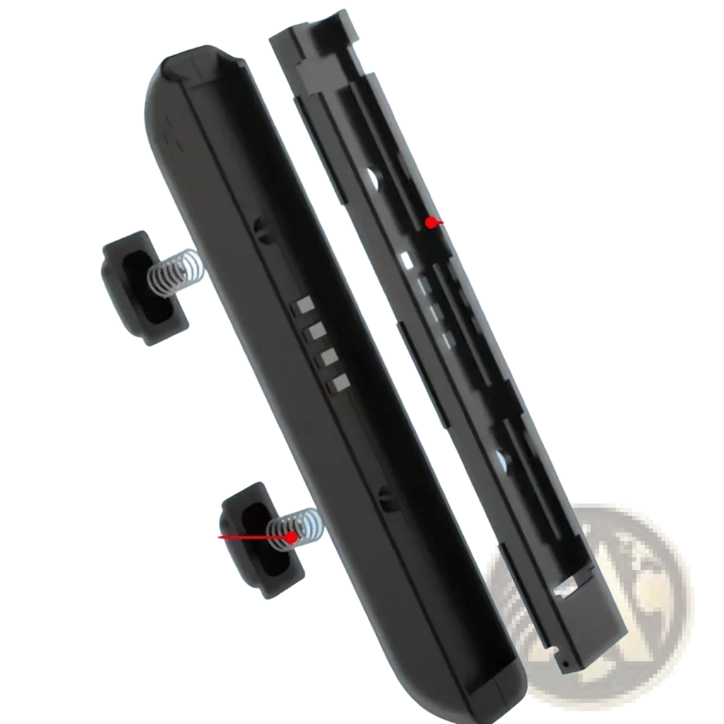 Black plastic Nintendo Switch Joy Con controller housing with integrated spring and slide mechanism shown from back side