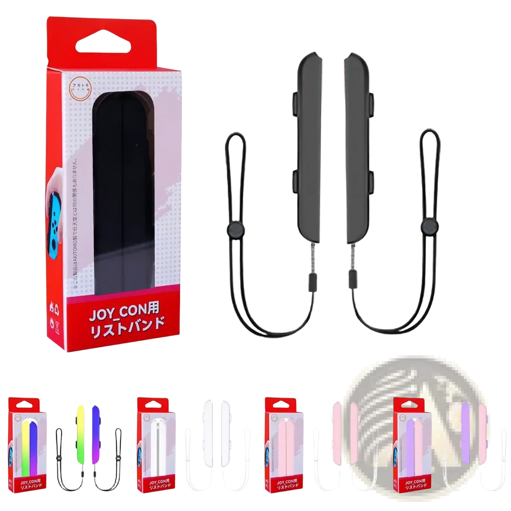 Nintendo Switch joy con wrist straps in black with matching silicone grip pads and adjustable fabric loops