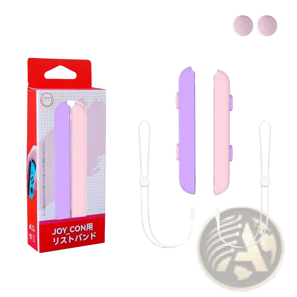 Nintendo Switch joy con wrist straps and thumb grips in pastel purple and pink silicone with white wrist straps