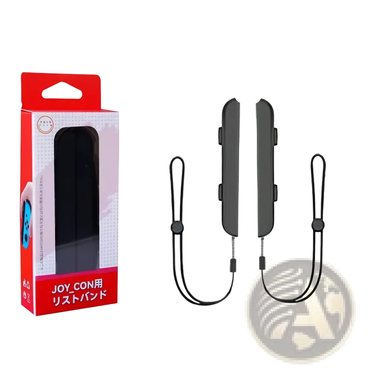 Black plastic nintendo switch joy con wrist straps with black fabric loops and metal clasps in red packaging