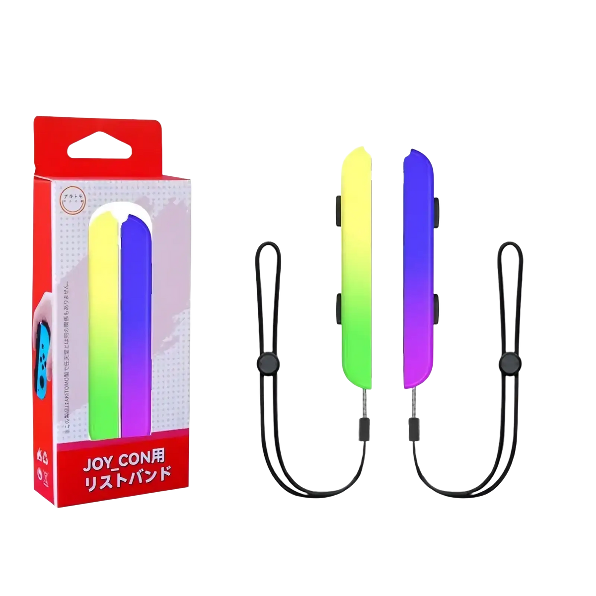 Nintendo Switch joy con wrist straps made of rainbow gradient silicone with black adjustable cords for secure grip