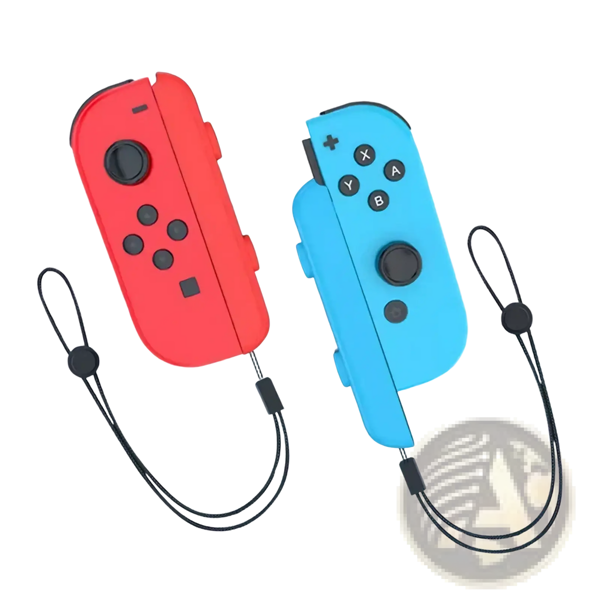 Red and blue Nintendo Switch joy con controllers with black wrist straps for secure handheld gaming use