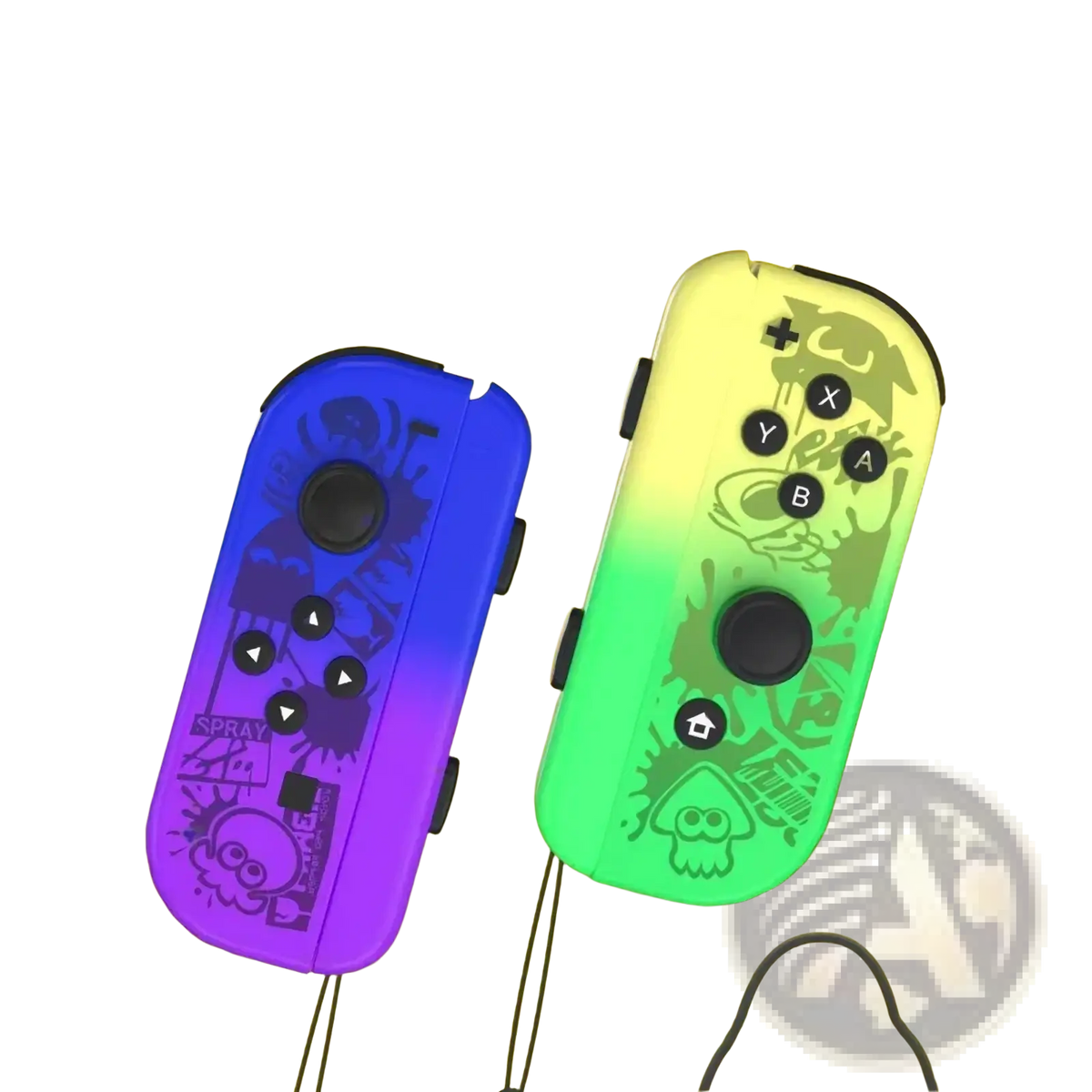 Vibrant gradient-colored Nintendo Switch joy-con wrist straps and thumb grips with squid-themed artwork and spray paint splatter design