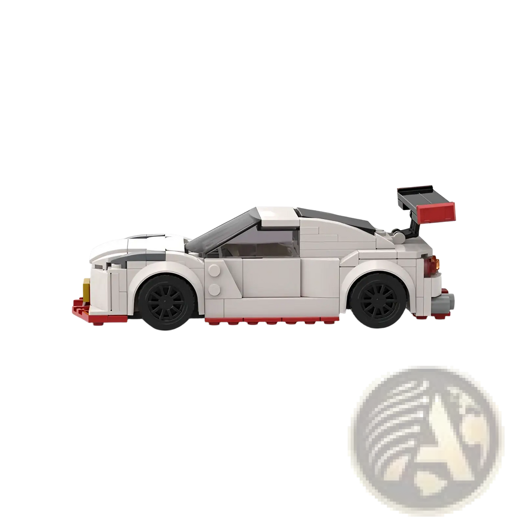 Nismo R35 racing car building blocks toy in white and red with black wheels and spoiler made of 251pcs plastic bricks