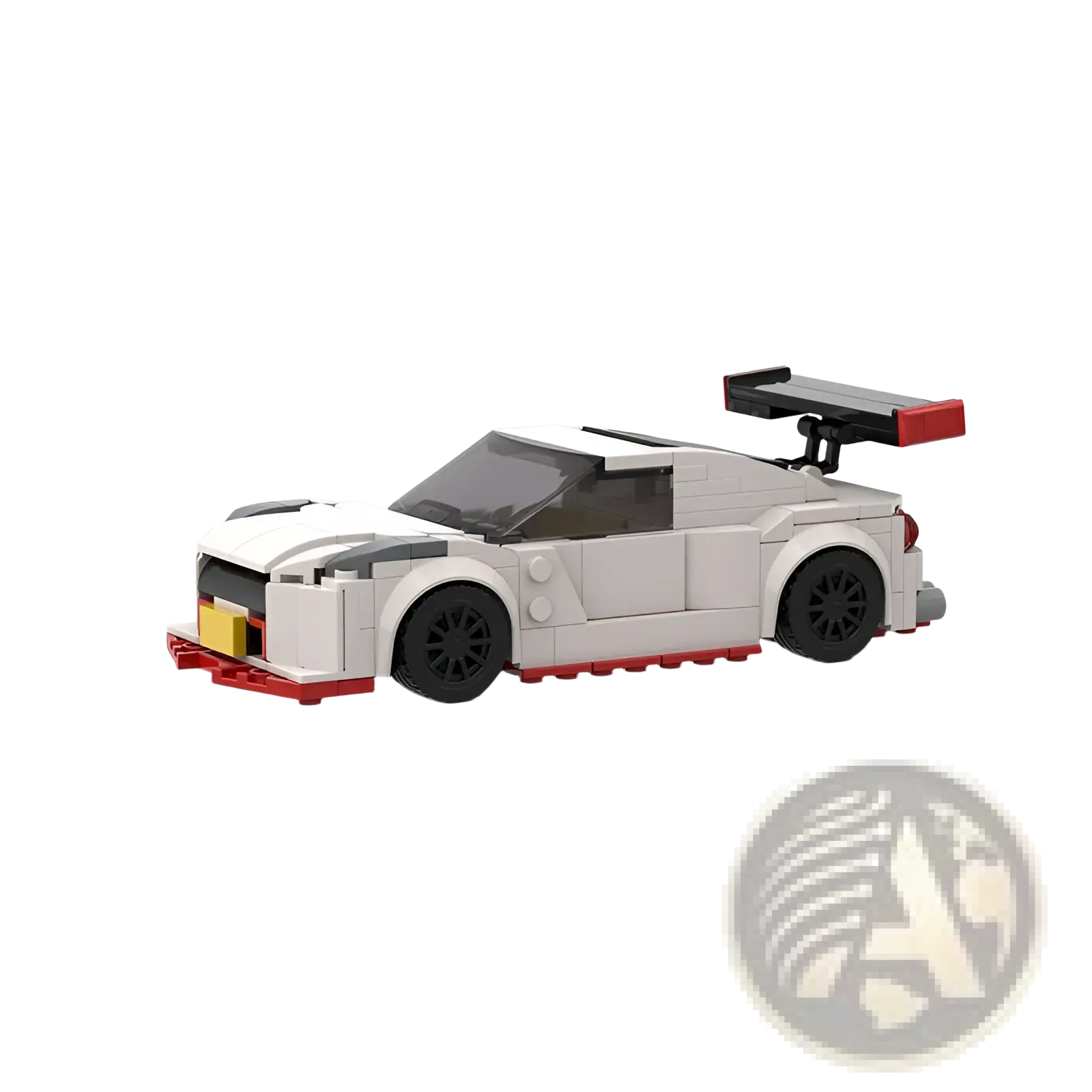 White and red lego nismo r35 racing car toy with black wheels and rear spoiler built from 251pcs blocks