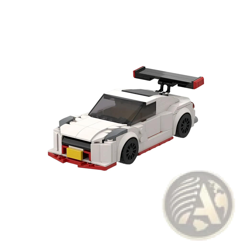 White and red Nismo R35 racing car building blocks toy with black wheels spoiler and accents 251pcs set