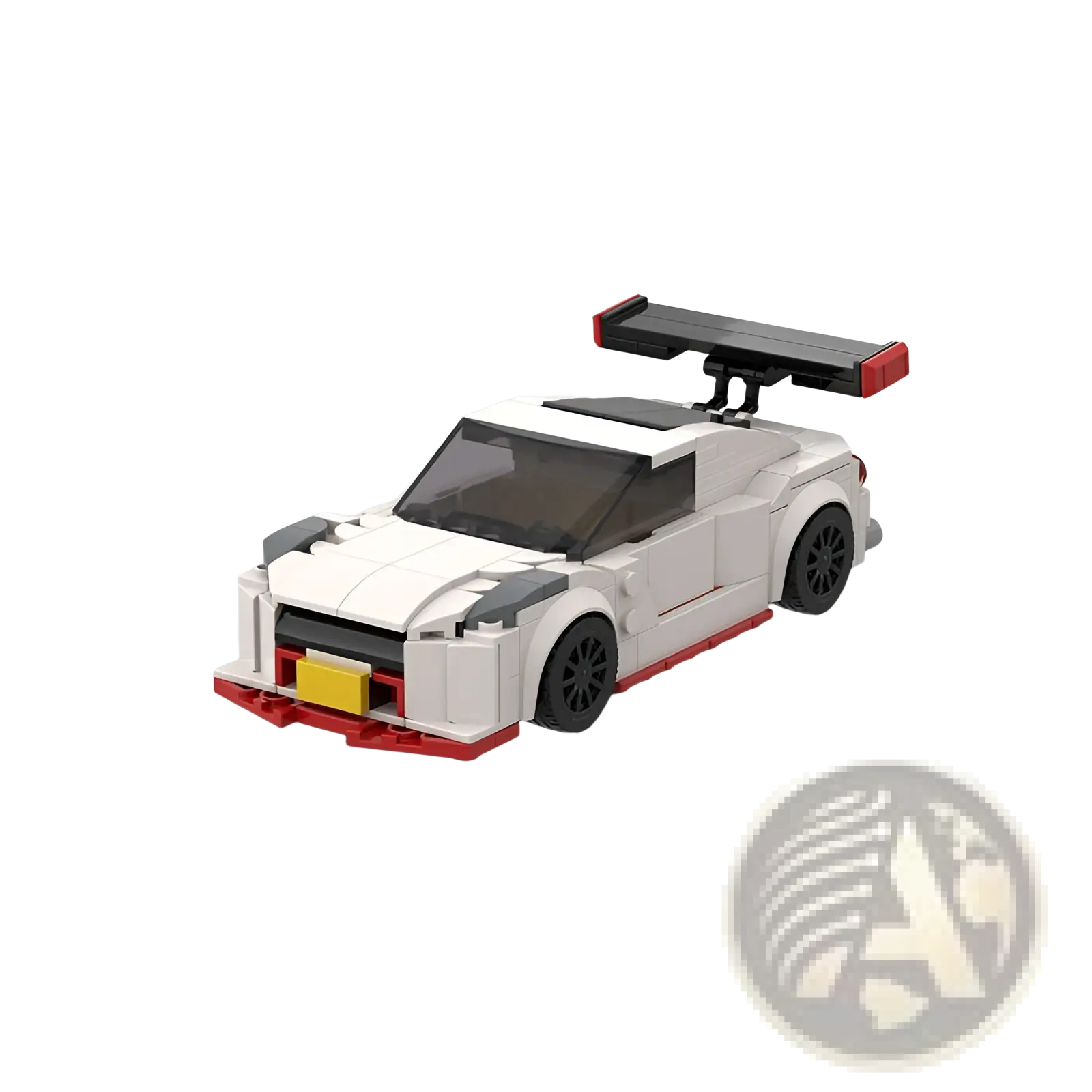 White and red Nismo R35 racing car building blocks toy with black wheels spoiler and accents 251pcs set