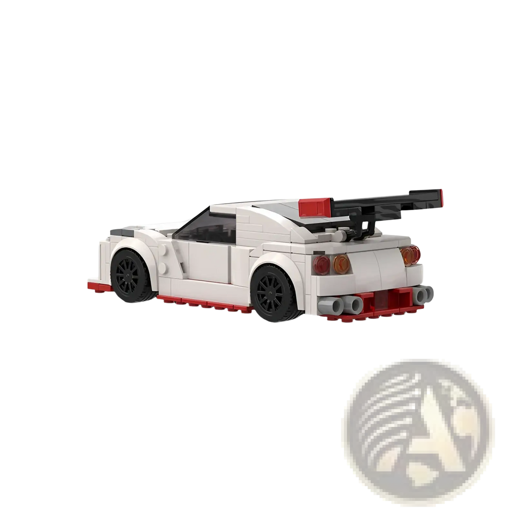 White and red nismo r35 racing car building blocks toy with black wheels and prominent rear spoiler in 251pcs set