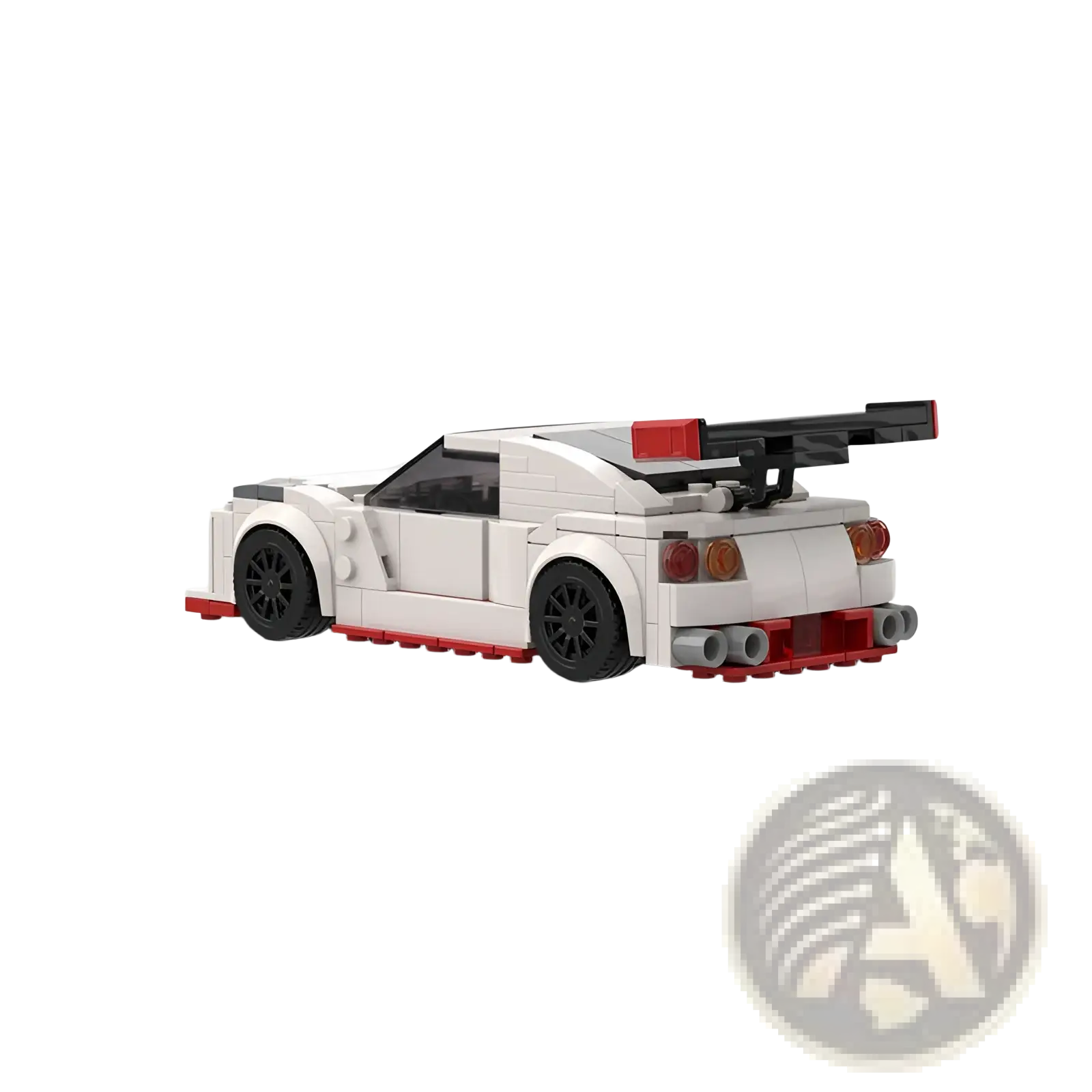 White and red nismo r35 racing car building blocks toy with black wheels and prominent rear spoiler in 251pcs set