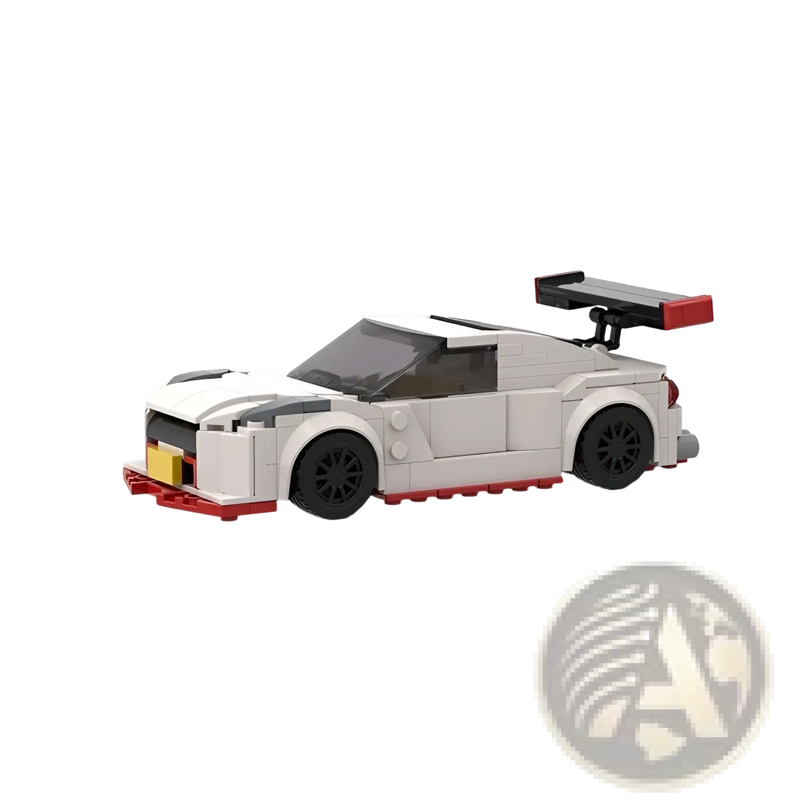 White and red lego technic nismo r35 racing car with black wheels and rear spoiler made of 251pcs building blocks