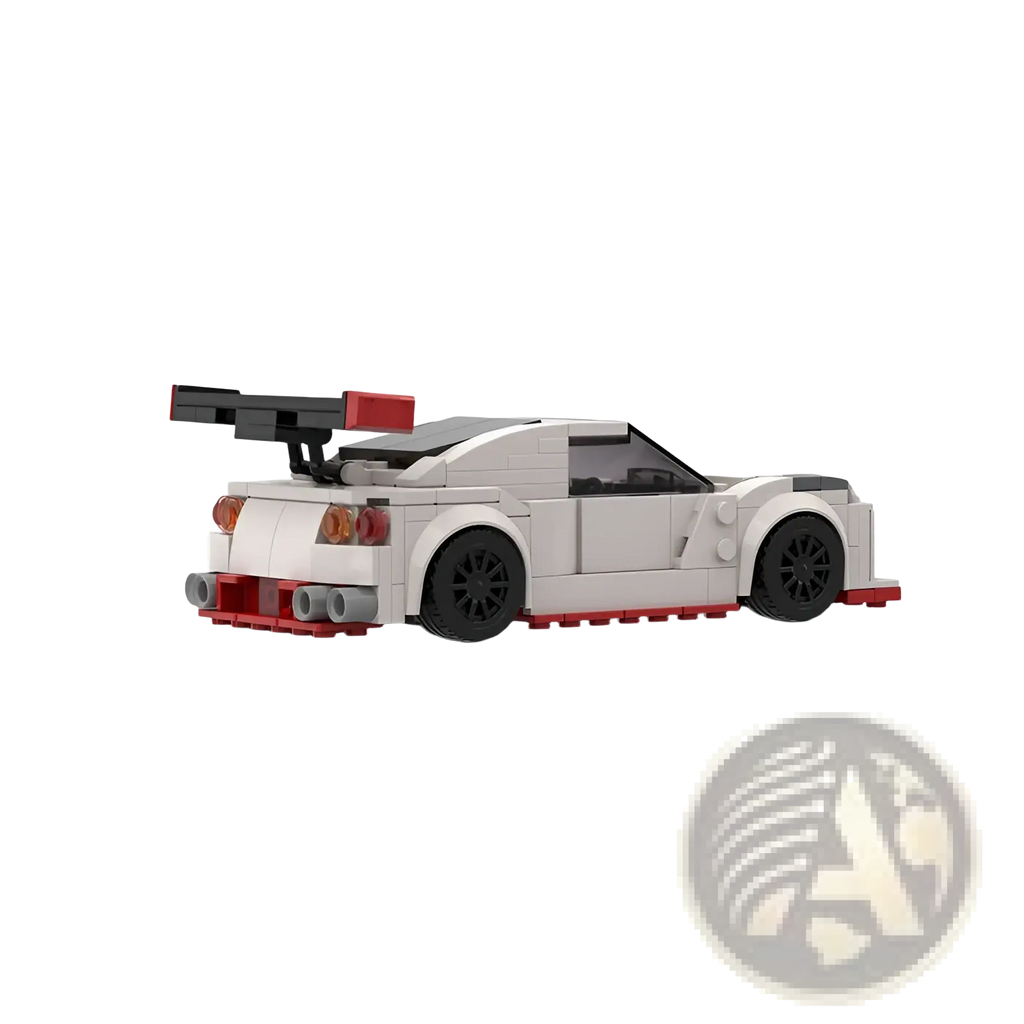 White and red nismo r35 racing car building blocks toy with black wheels and prominent rear spoiler shown from back side