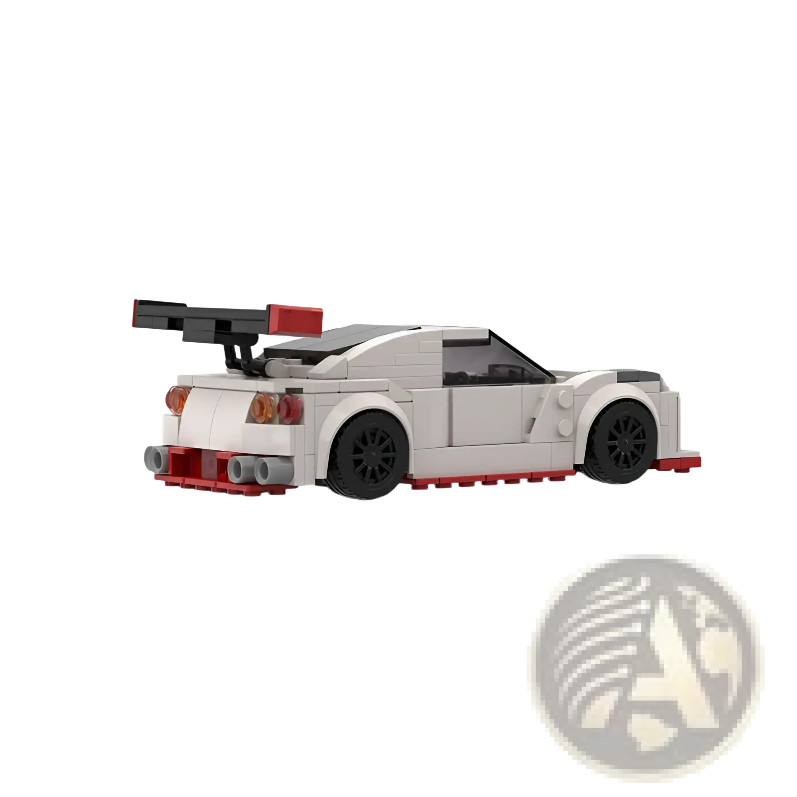 White and red nismo r35 racing car building blocks toy with black wheels and prominent rear spoiler shown from back side