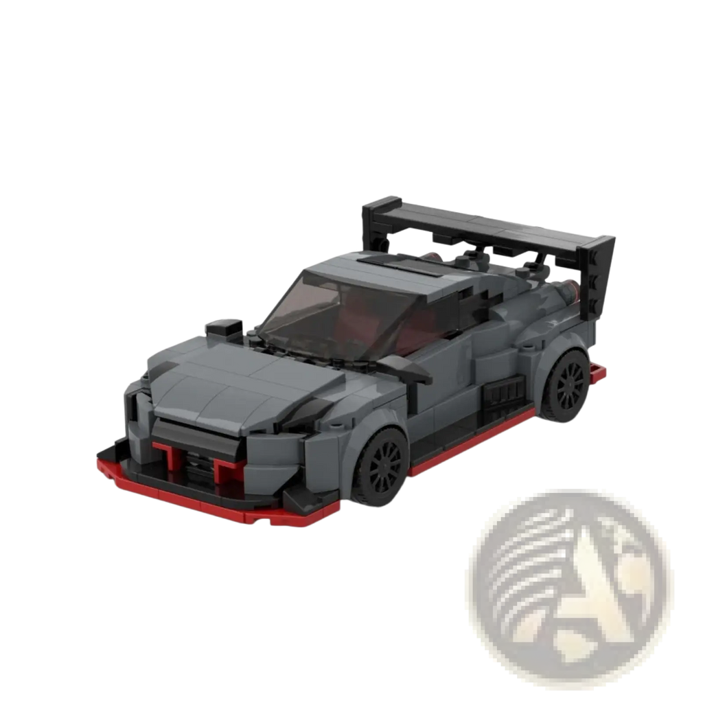 Gray and red Nissan GT-R sports car building blocks set with black wheels and rear spoiler in 435 piece Lego model