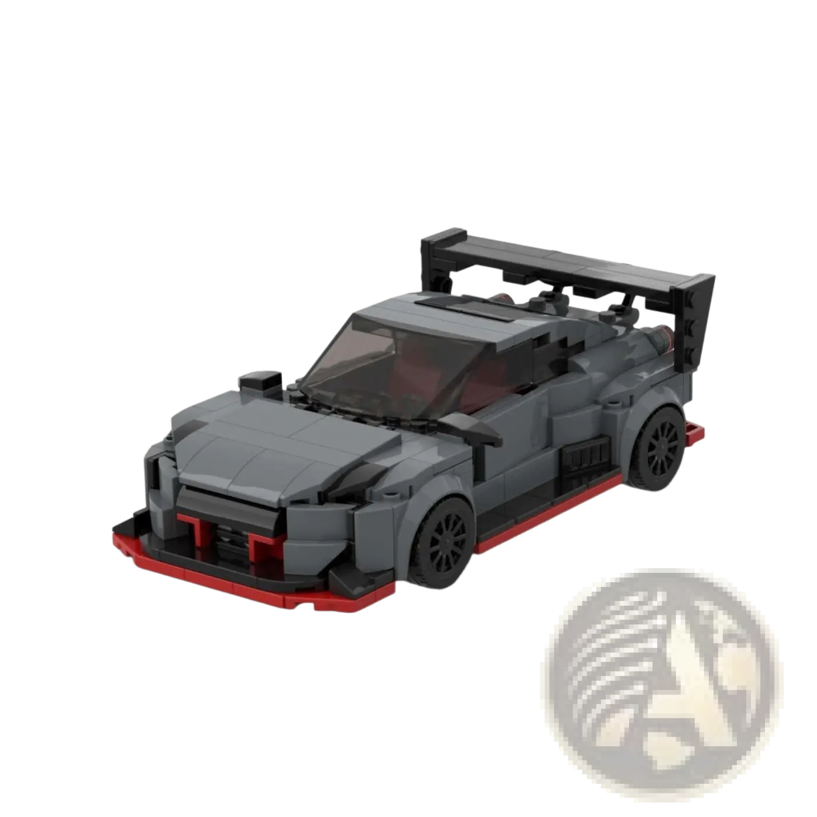 Gray and red Nissan GT-R sports car building blocks set with black wheels and rear spoiler in 435 piece Lego model