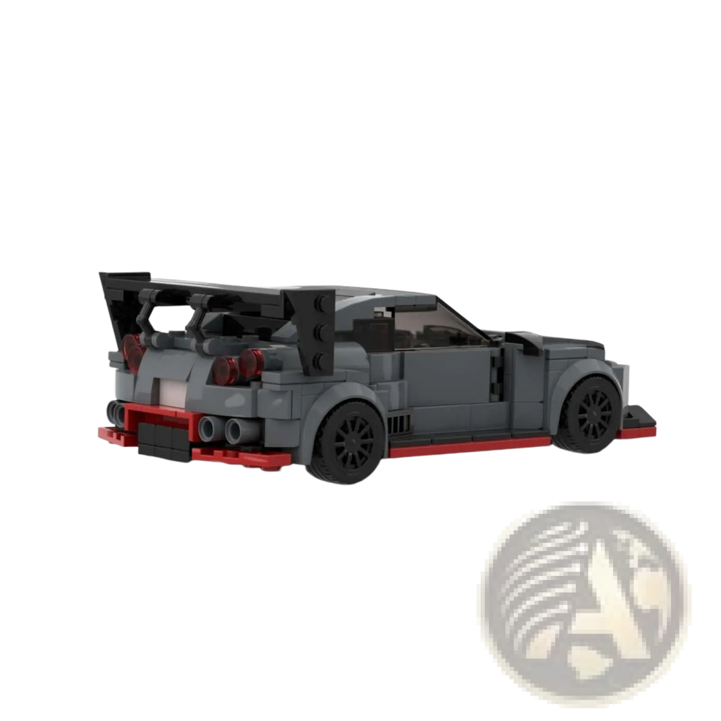 Gray and red lego technic nissan gt-r sports car model with black wheels building blocks set 435pcs front view