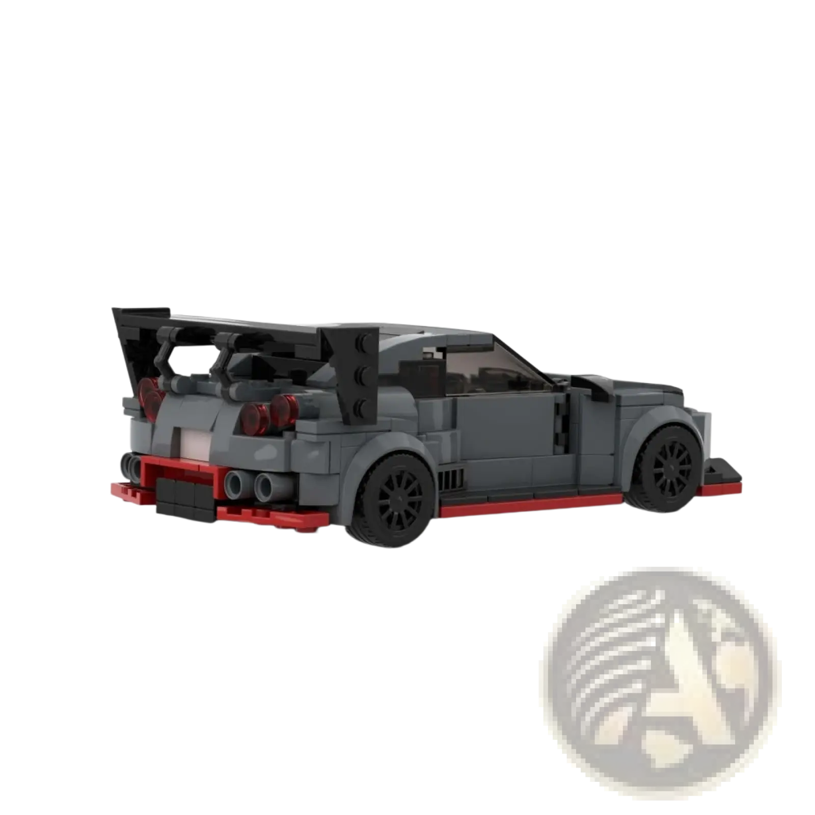 Gray and red lego technic nissan gt-r sports car model with black wheels building blocks set 435pcs front view