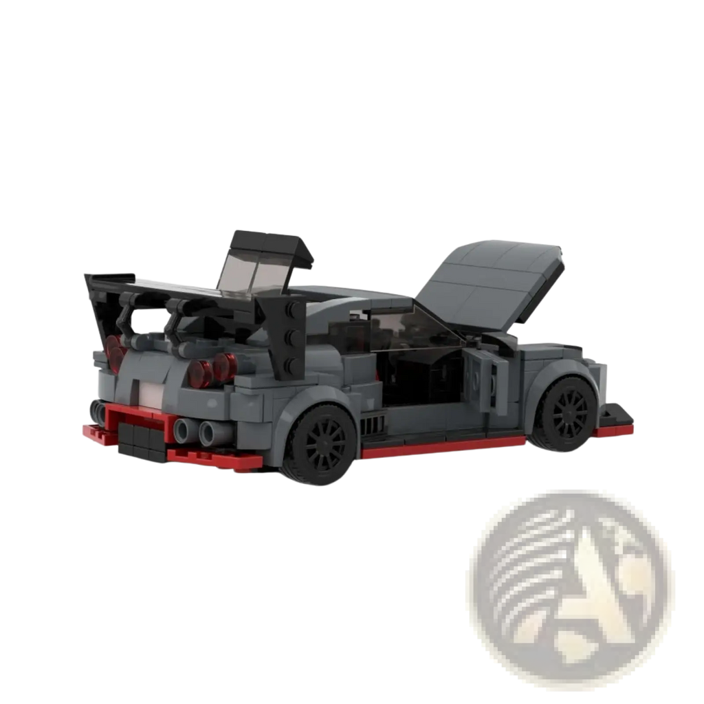 Gray and red lego technic nissan gt-r sports car building blocks set with open doors and rear spoiler