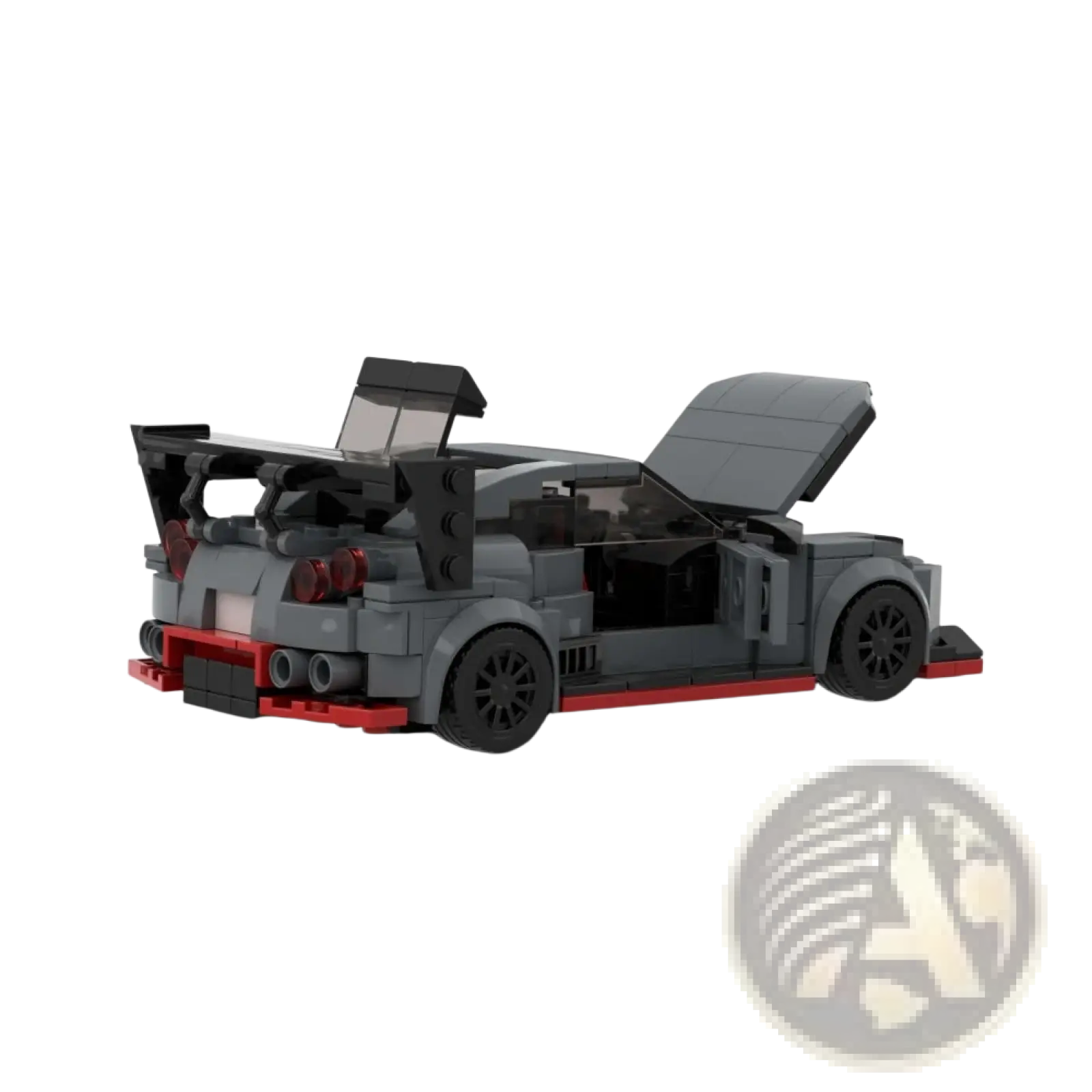 Gray and red lego technic nissan gt-r sports car building blocks set with open doors and rear spoiler