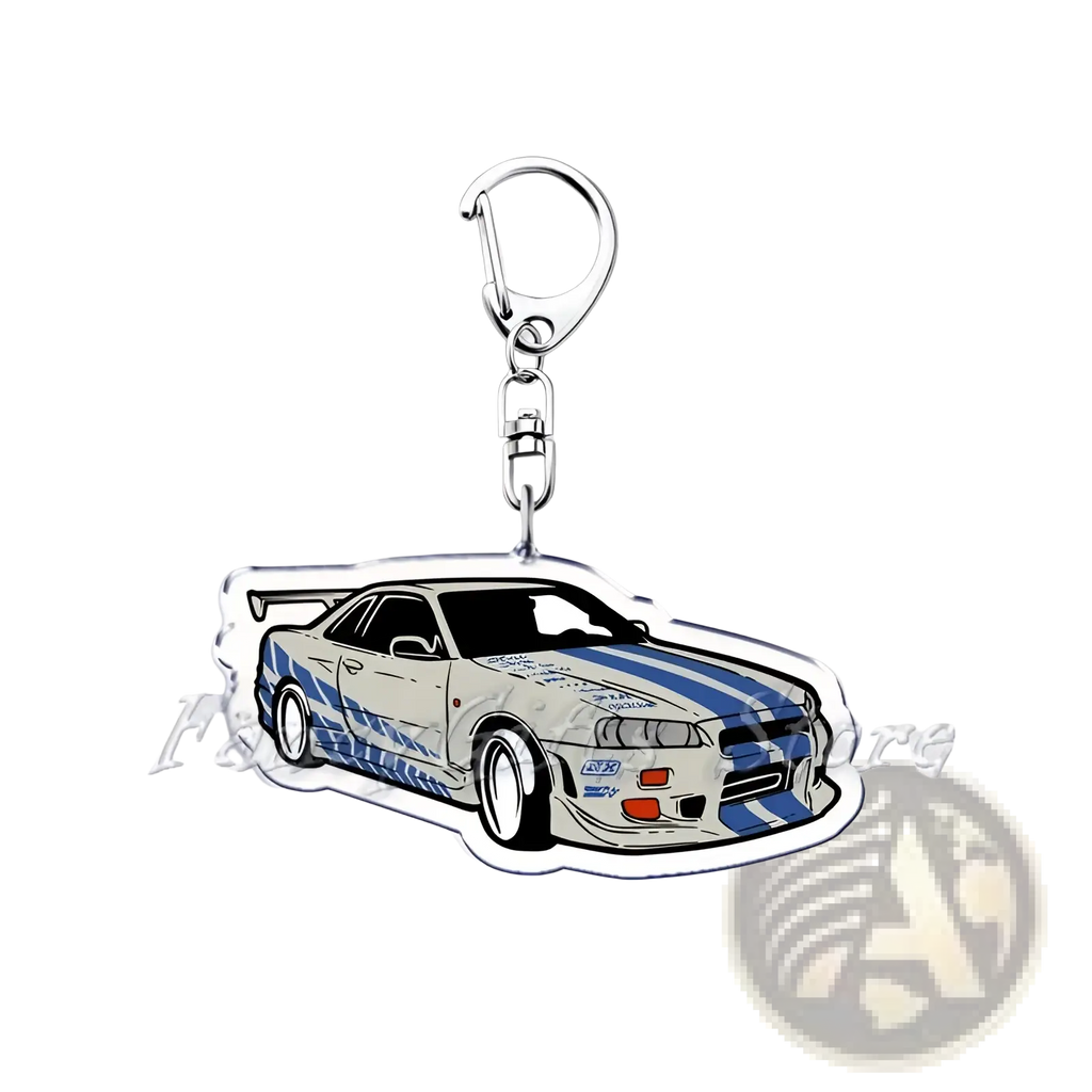 Clear acrylic Nissan Skyline acrylic car keychain featuring white and blue striped R34 with racing decals