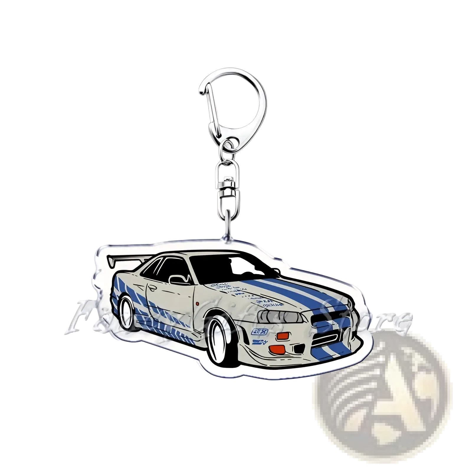 Clear acrylic Nissan Skyline acrylic car keychain featuring white and blue striped R34 with racing decals
