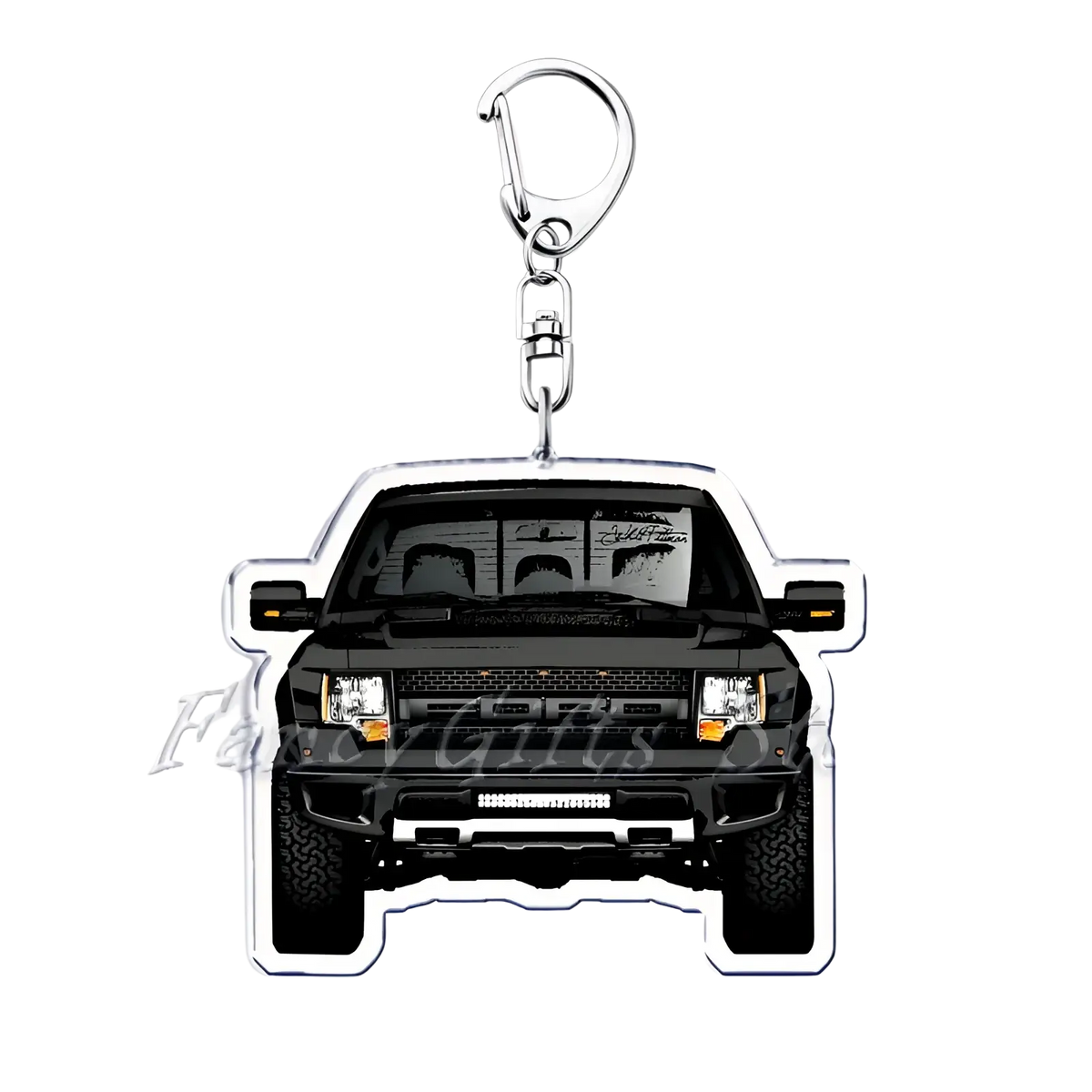 Black ford raptor truck-shaped acrylic keychain with silver metal clasp for nissan skyline car accessories