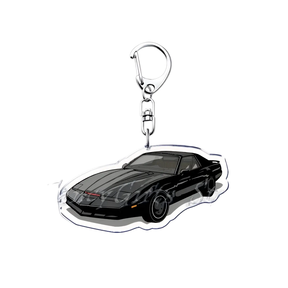 Black kitt nissan skyline acrylic car keychain with silver metal clasp showing front side of the product