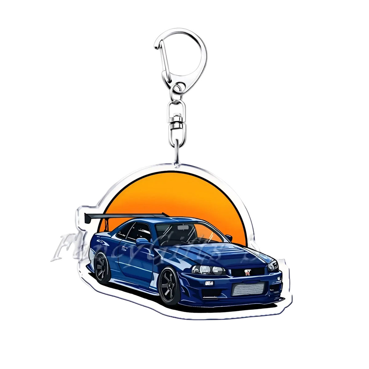 Nissan skyline acrylic car keychain featuring a blue r34 gt-auto design with silver metal clip and orange sun backdrop