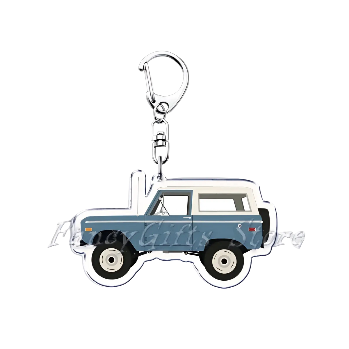 Blue and white vintage-style acrylic Nissan Skyline car keychain with metallic clip and jeep design