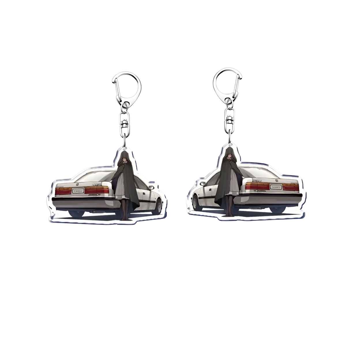 Clear acrylic Nissan Skyline car keychain featuring anime character in dark cloak beside white vintage car with red taillights