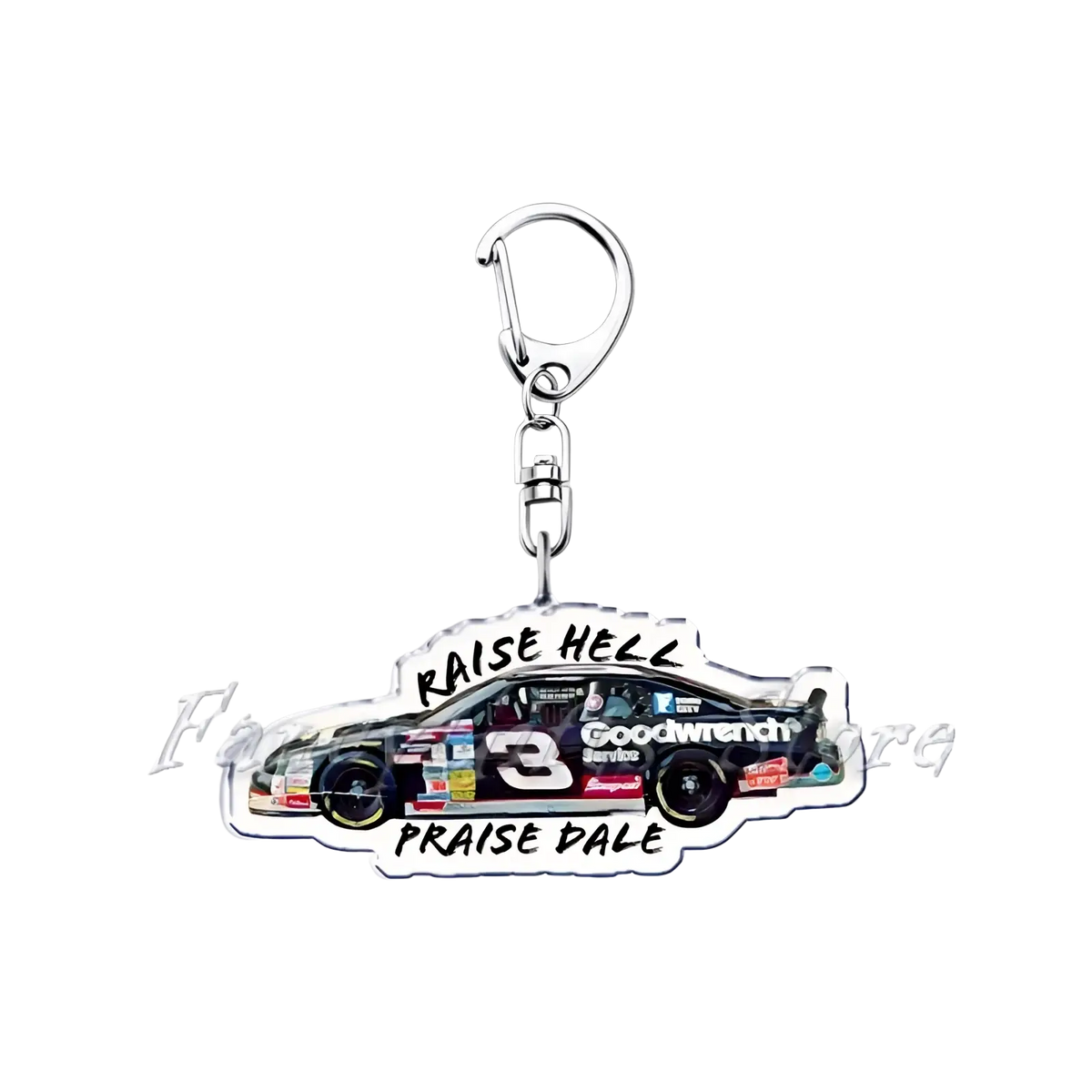 Clear acrylic nascar race car keychain with number 3 goodwrench branding and raise hell praise dale text, nissan skyline design
