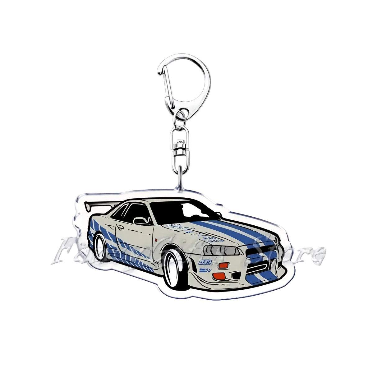 Clear acrylic Nissan Skyline acrylic car keychain featuring white and blue striped R34 with racing decals