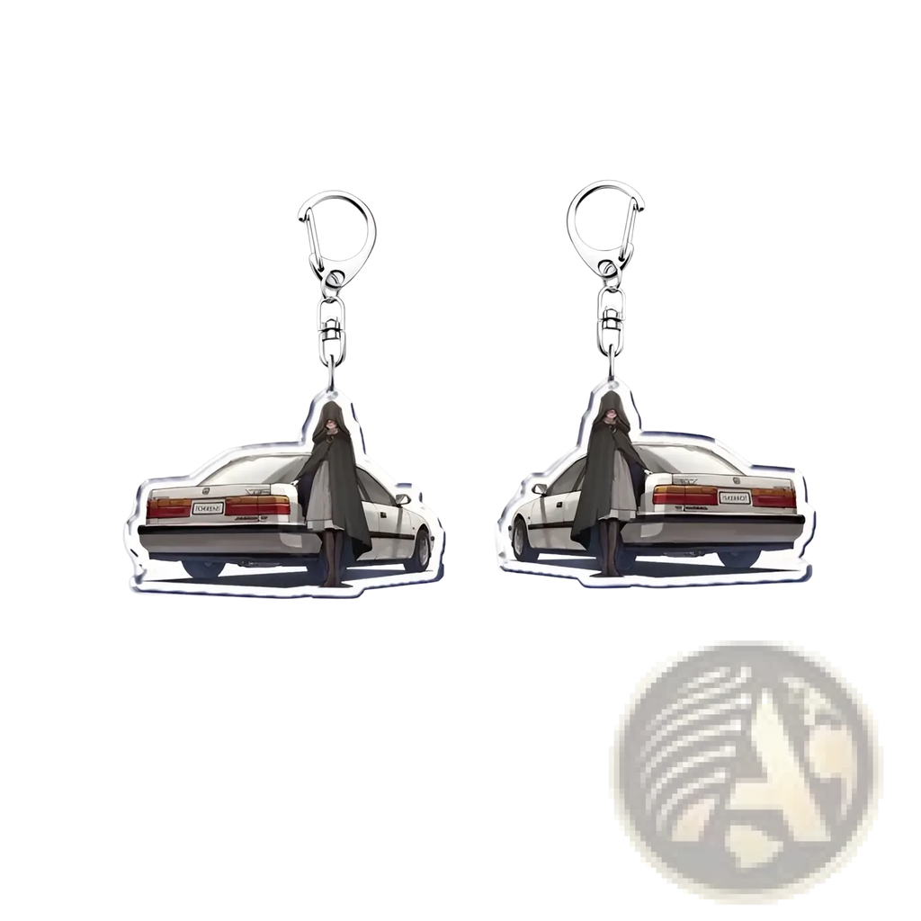 Clear acrylic Nissan Skyline car keychain featuring anime character in dark cloak beside white vintage car with red taillights