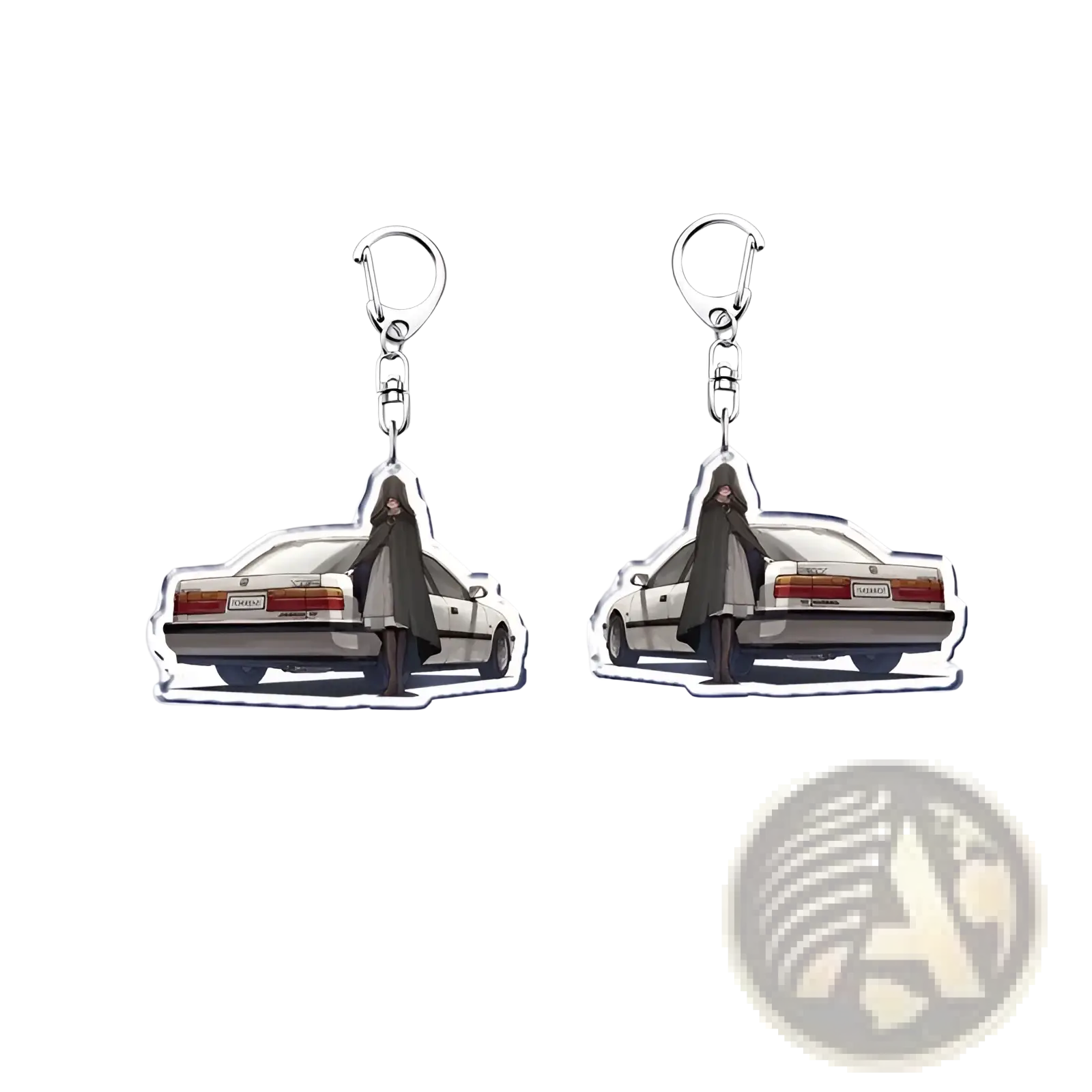Clear acrylic Nissan Skyline car keychain featuring anime character in dark cloak beside white vintage car with red taillights
