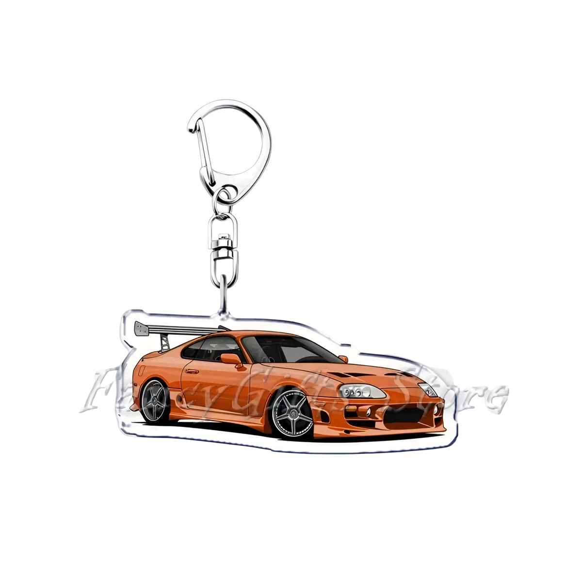 Orange acrylic Nissan Skyline car keychain featuring a detailed illustration of a modified sports car with black rims and spoiler