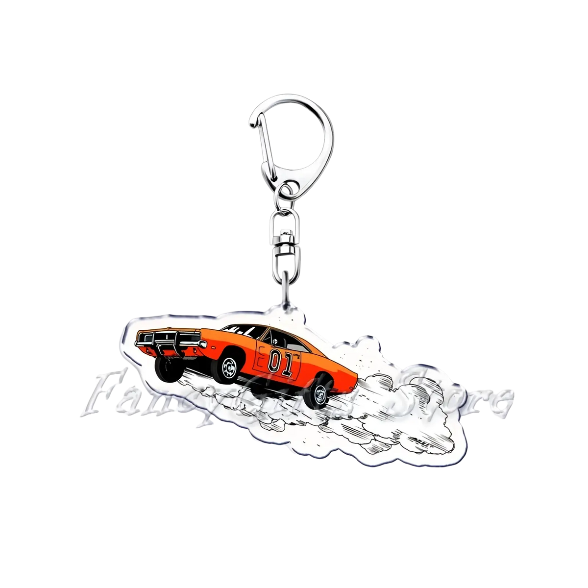 Orange acrylic Nissan Skyline car keychain featuring a classic muscle car with number 01 inspired by General Lee model