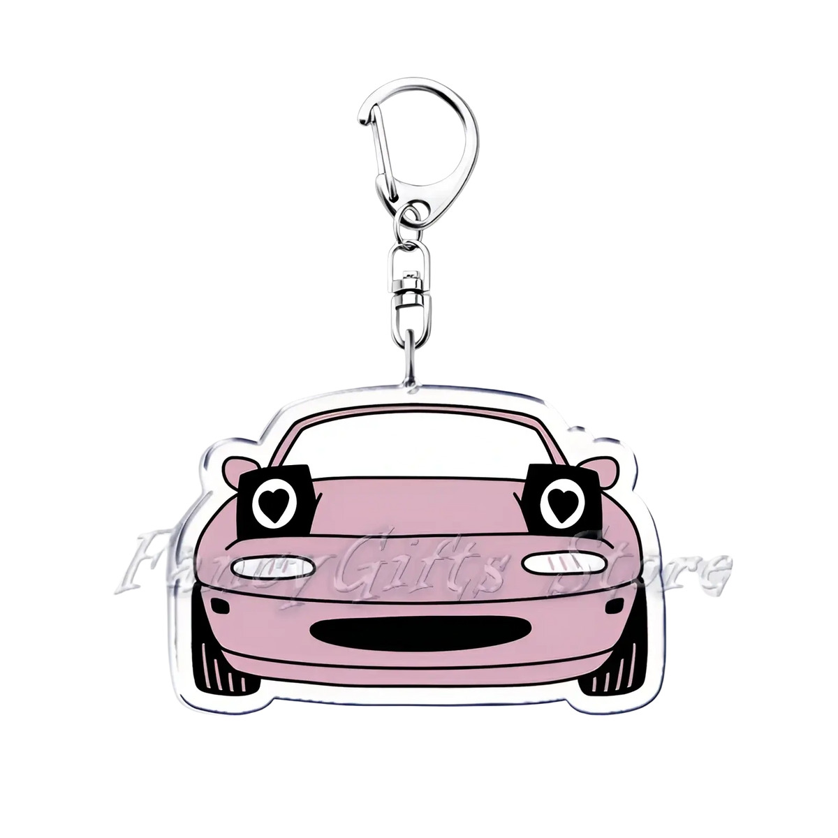 Pink nissan skyline acrylic car keychain featuring a cartoon key with heart-shaped eyes and silver metal clasp