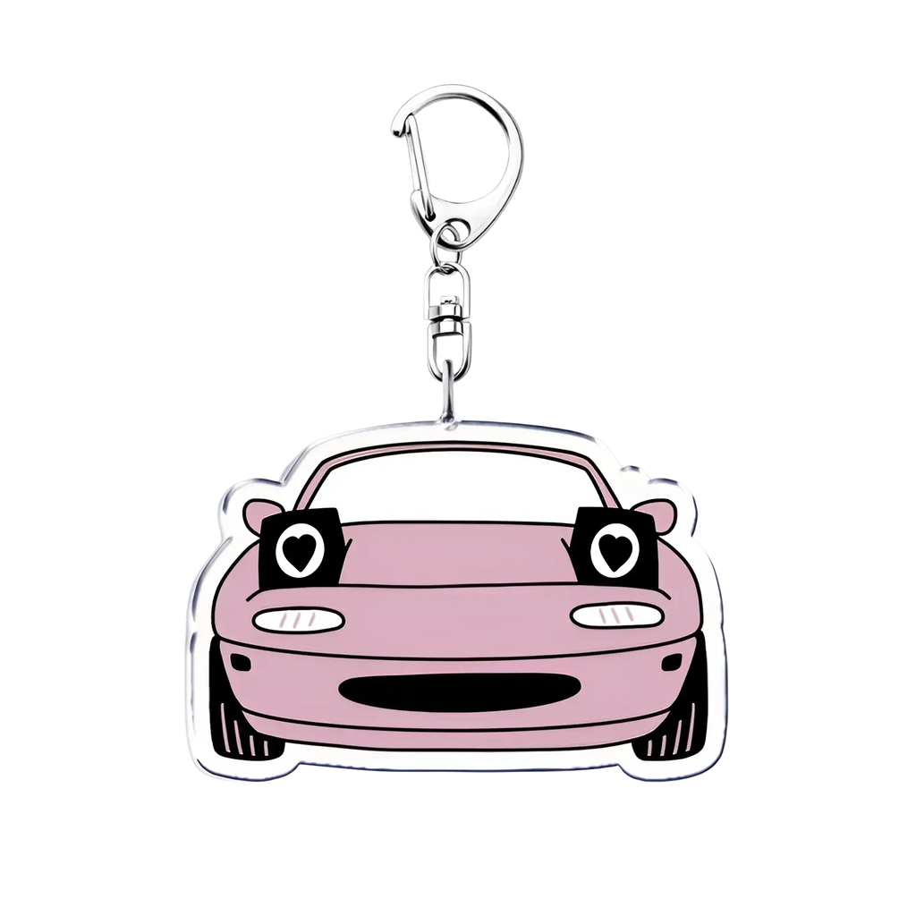 Pink acrylic nissan skyline car keychain with heart-shaped eyes and silver metal clasp for keys or decoration