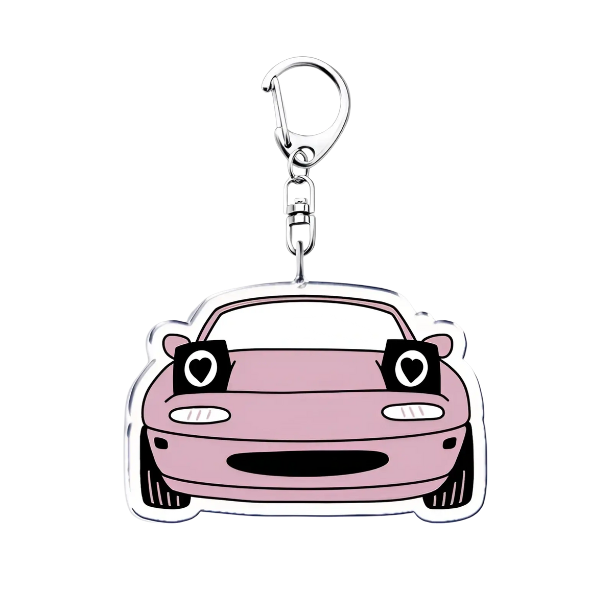 Pink acrylic nissan skyline car keychain with heart-shaped eyes and silver metal clasp for keys or decoration