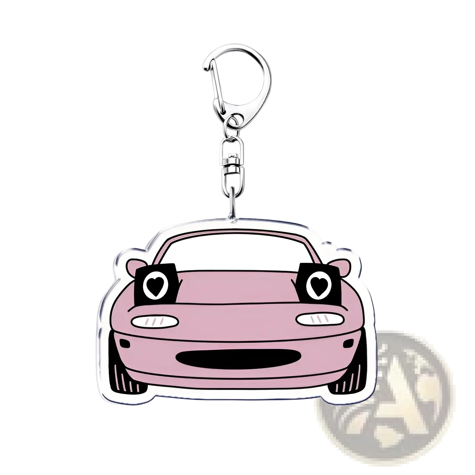 Pink acrylic nissan skyline car keychain with heart-shaped eyes and silver metal clasp for keys or decoration