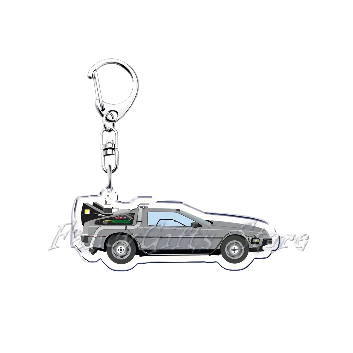 Silver acrylic keychain featuring a detailed side profile of the delorean time machine from back to the future