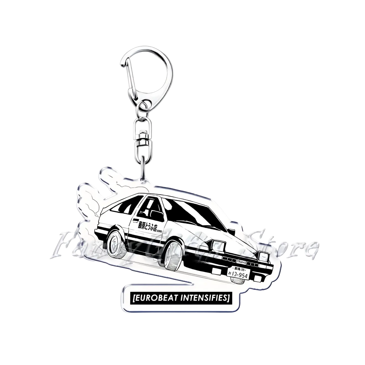 Silver acrylic keychain featuring a black and white illustration of a classic ae86 toyota corolla with racing decals