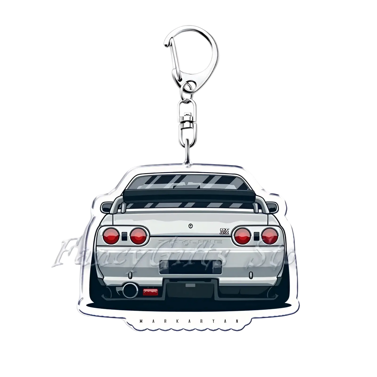 Silver acrylic Nissan Skyline R34 car keychain showing stylized rear view with red taillights and black spoiler back side