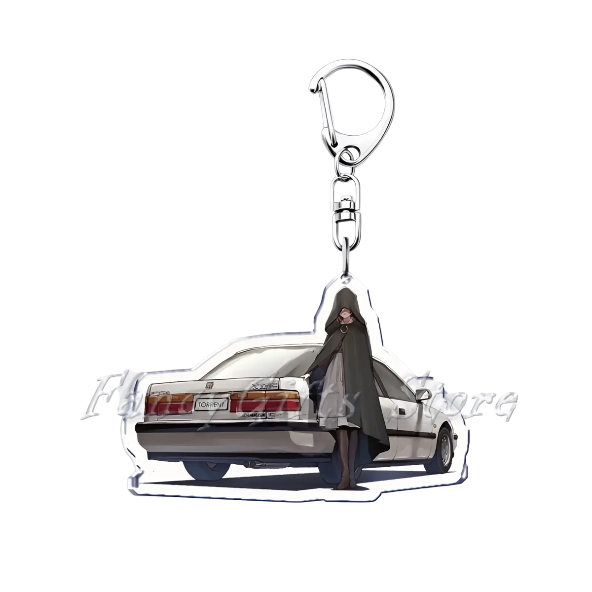 Silver acrylic nissan skyline keychain featuring anime-style figure in dark cloak beside white honda integra type r