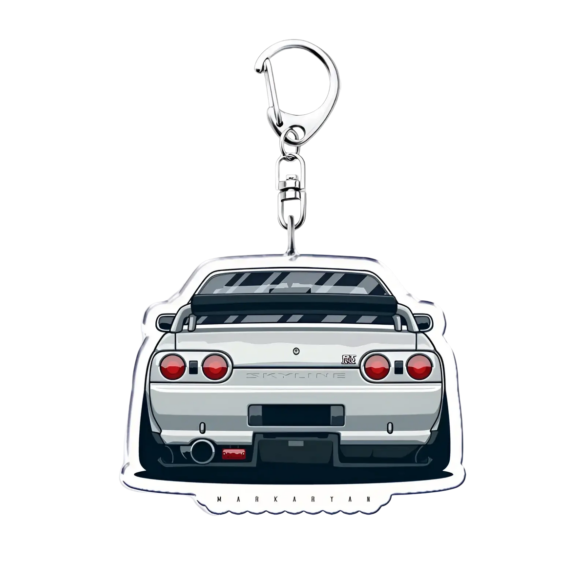 Silver acrylic nissan skyline r34 keychain showing stylized rear view with red taillights and black spoiler